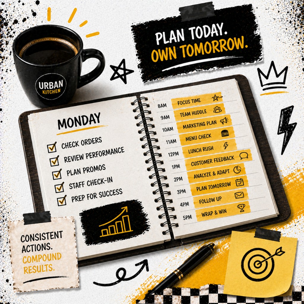 Monday planner notebook open to a weekly checklist with marketing tasks and a schedule block