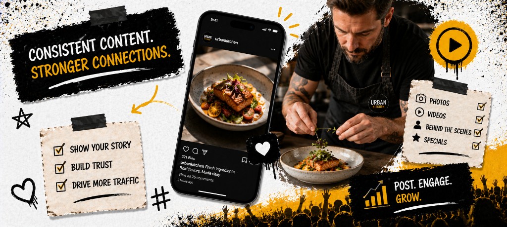 Chef plating a dish while an Instagram post of the same plate shows on a phone beside him