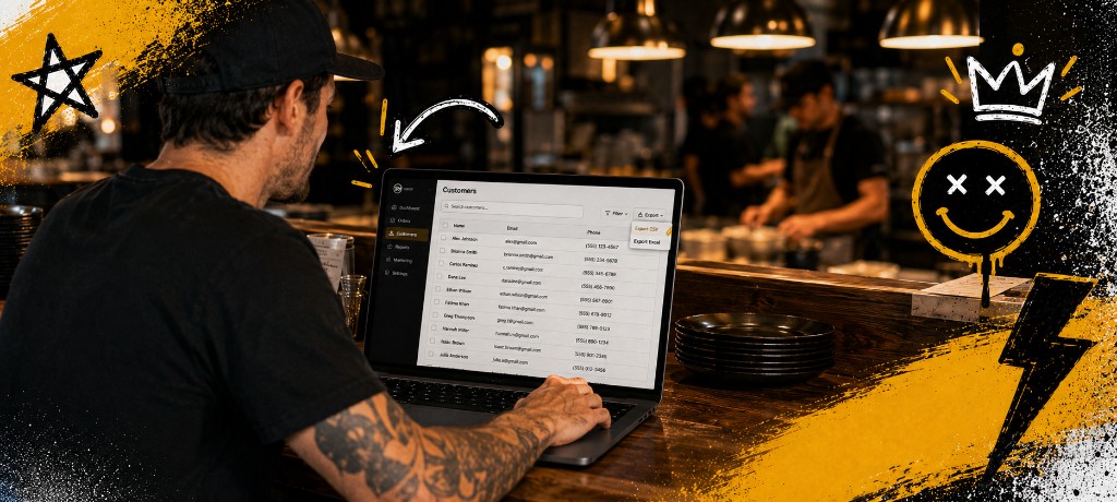 Restaurant operator at the bar with a laptop open to a customer list, export menu visible on screen