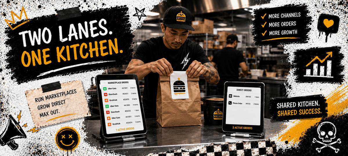 Ghost kitchen operator sealing a delivery bag between marketplace and direct order tablets at a shared commercial pass