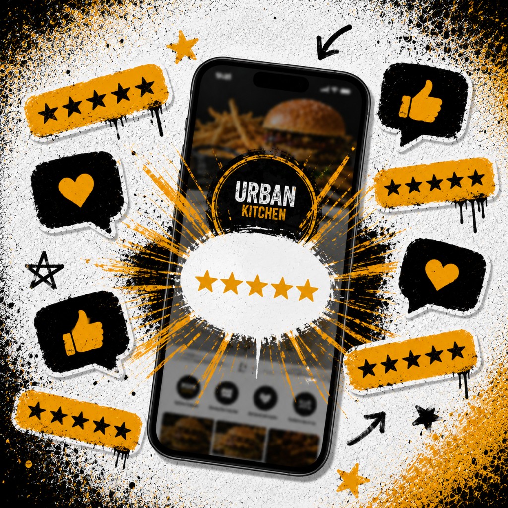 Phone with a 5-star rating badge and review icons surrounding it