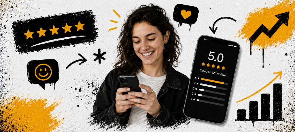 Restaurant operator checking a 5-star rating on a phone