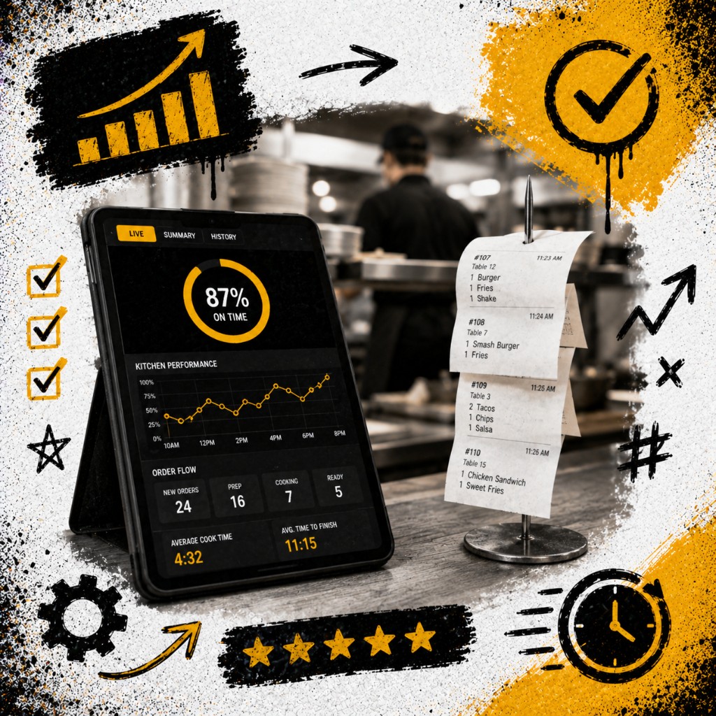 Stressed restaurant operator at a cluttered desk surrounded by skull and deadline icons