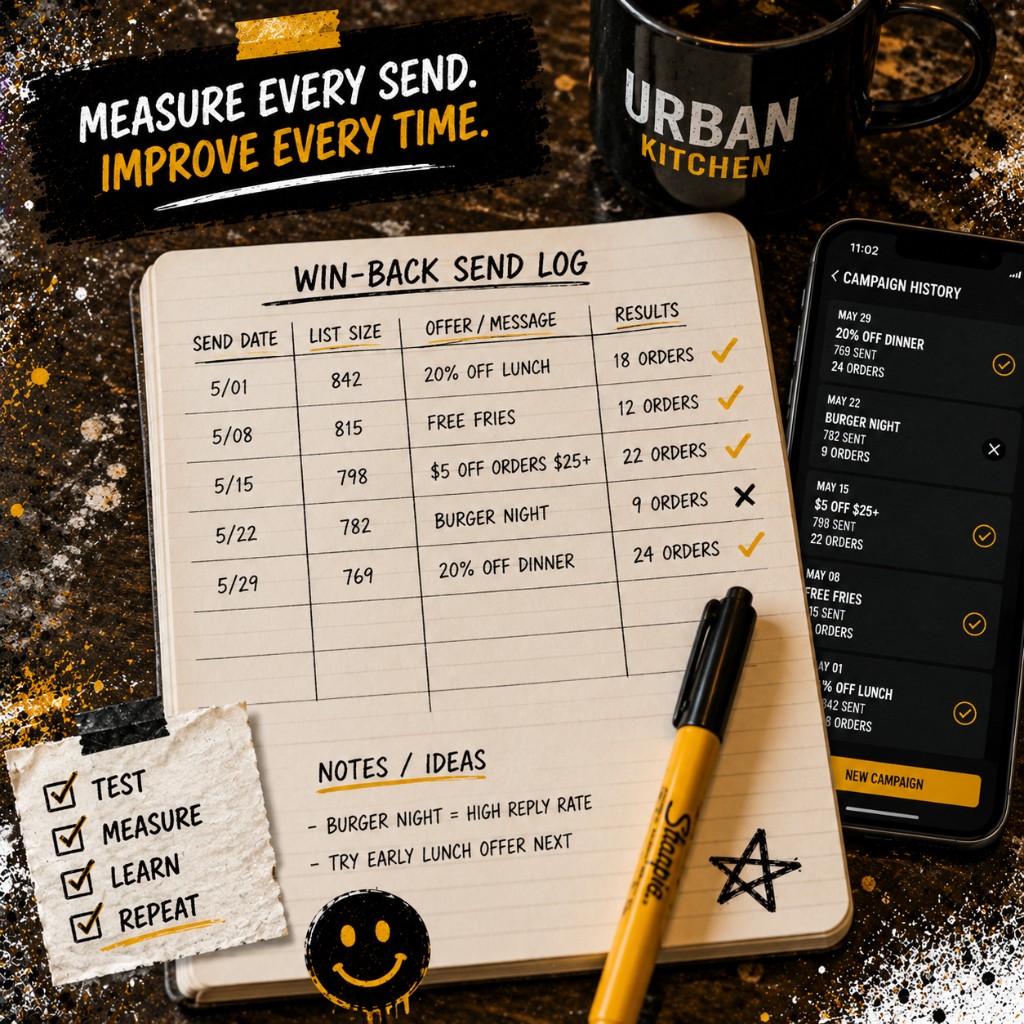 Notebook win-back send log with dates, list sizes, offers, and results beside a phone showing matching campaign history