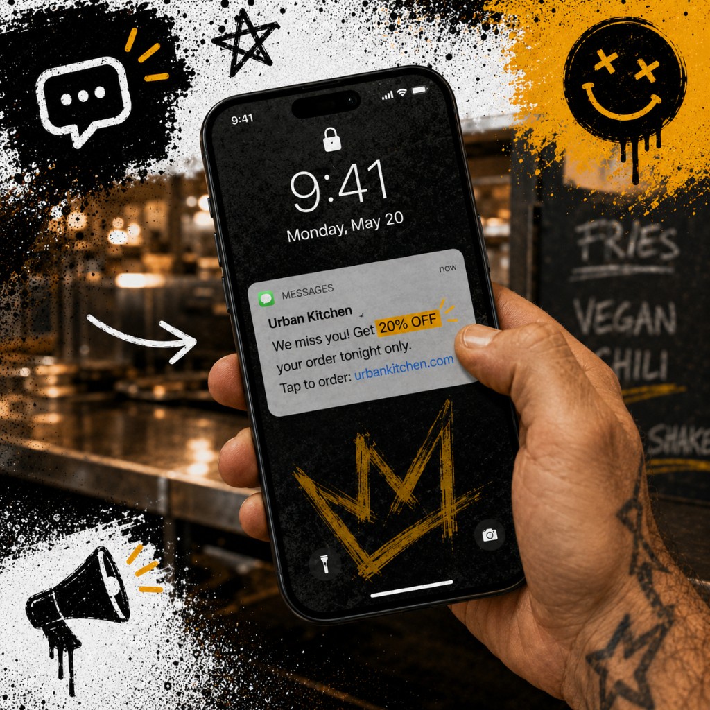 Tattooed hand holding a phone showing a short win-back SMS from the restaurant on the lock screen, kitchen blur in the background