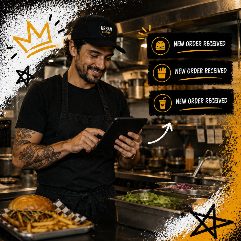 Food truck owner reviewing SMS subscriber list growth on phone while prepping for lunch service